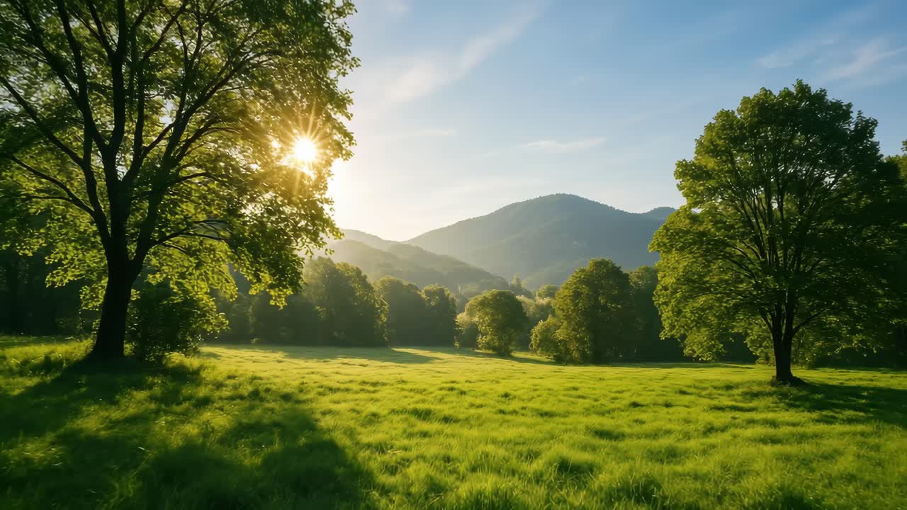 Serene landscape video with a wide-angle view of a sunlit meadow, framed by trees
