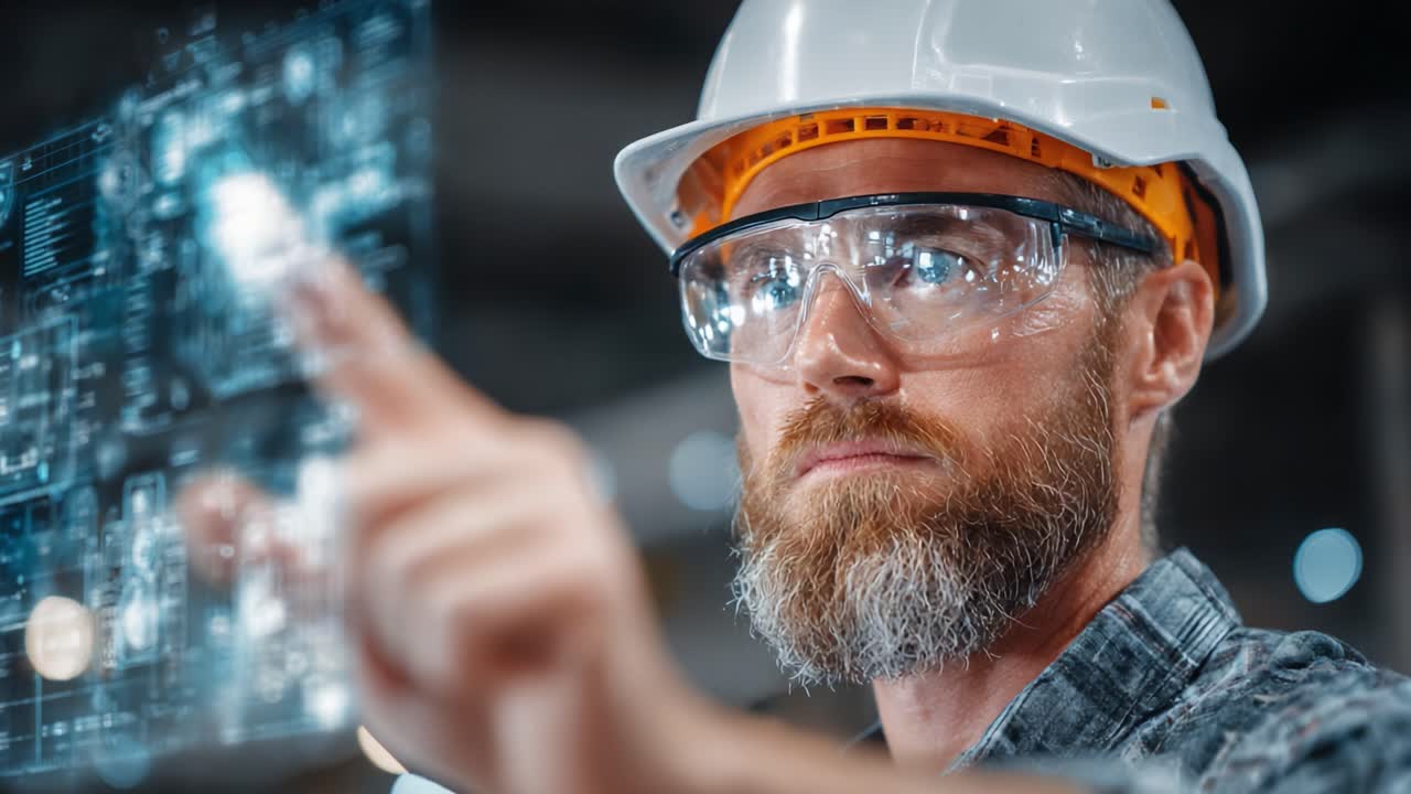 Engineer Interacting with Advanced Holographic Interface: Modern Technology and Data Visualization in Industrial Environment