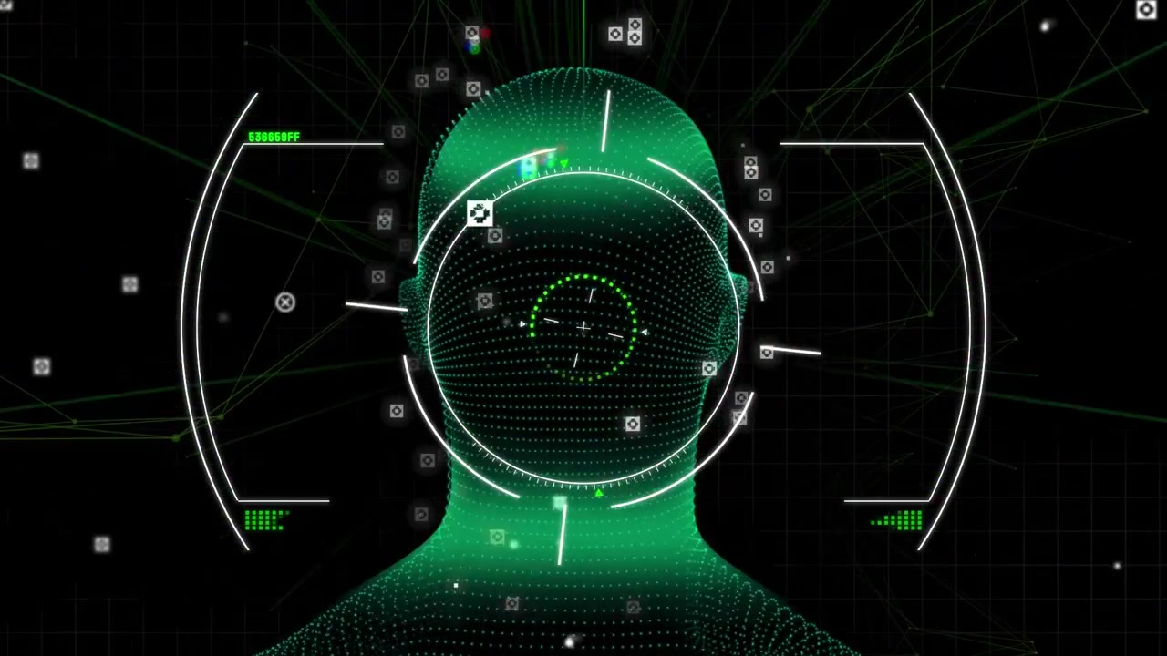 Animation of scope scanning and data processing over digital human head and network of connections