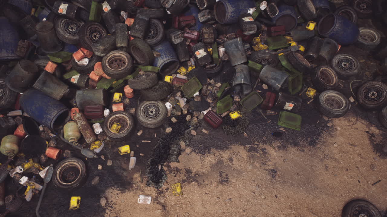 Waste materials scattered on the ground in an outdoor dumping site