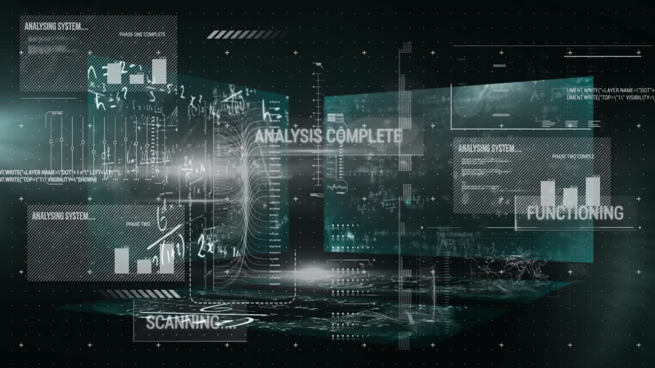 Animation of data processing with mathematical equations on black background
