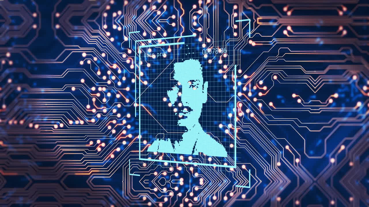 Digital circuit board with facial recognition animation over electronic pathways