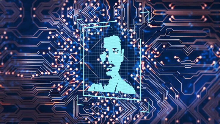 Digital circuit board with facial recognition animation over electronic pathways