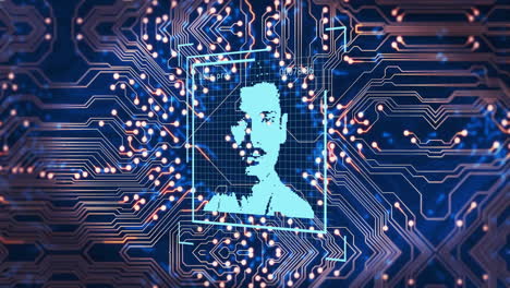 digital circuit board with facial recognition animation over electronic pathways