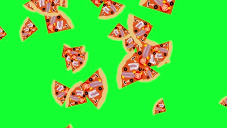 las rebanadas de pizza que caen elementos de animación de bucle en la pantalla verde tecla de croma