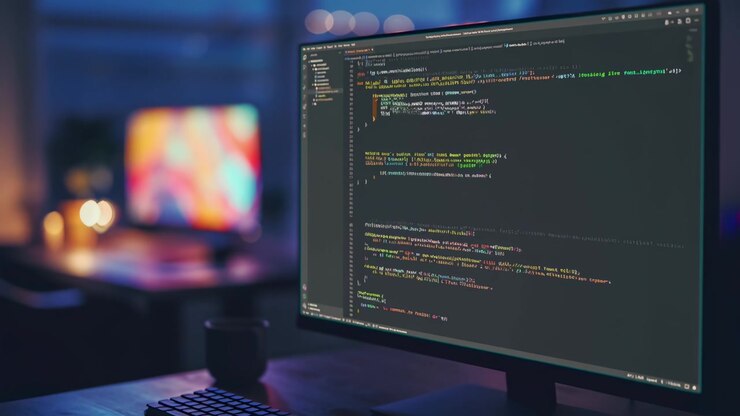 Software Developer Writing Code on Computer Screen in Dark Office