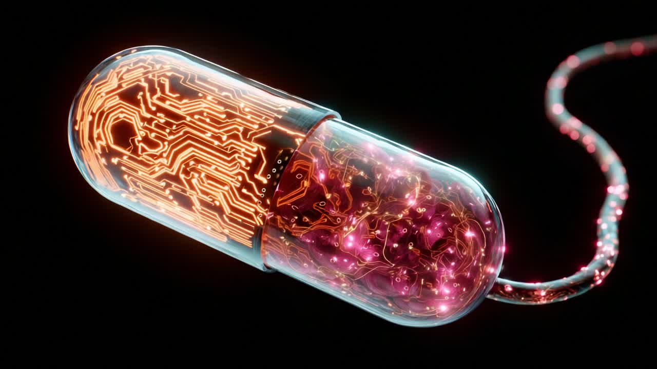 A Glimpse into the Future of Medicine: A High-Tech Capsule Infused with Artistic Energy Exhibiting Vivid Colors and Digital Circuit Patterns Capturing the Essence of Innovation