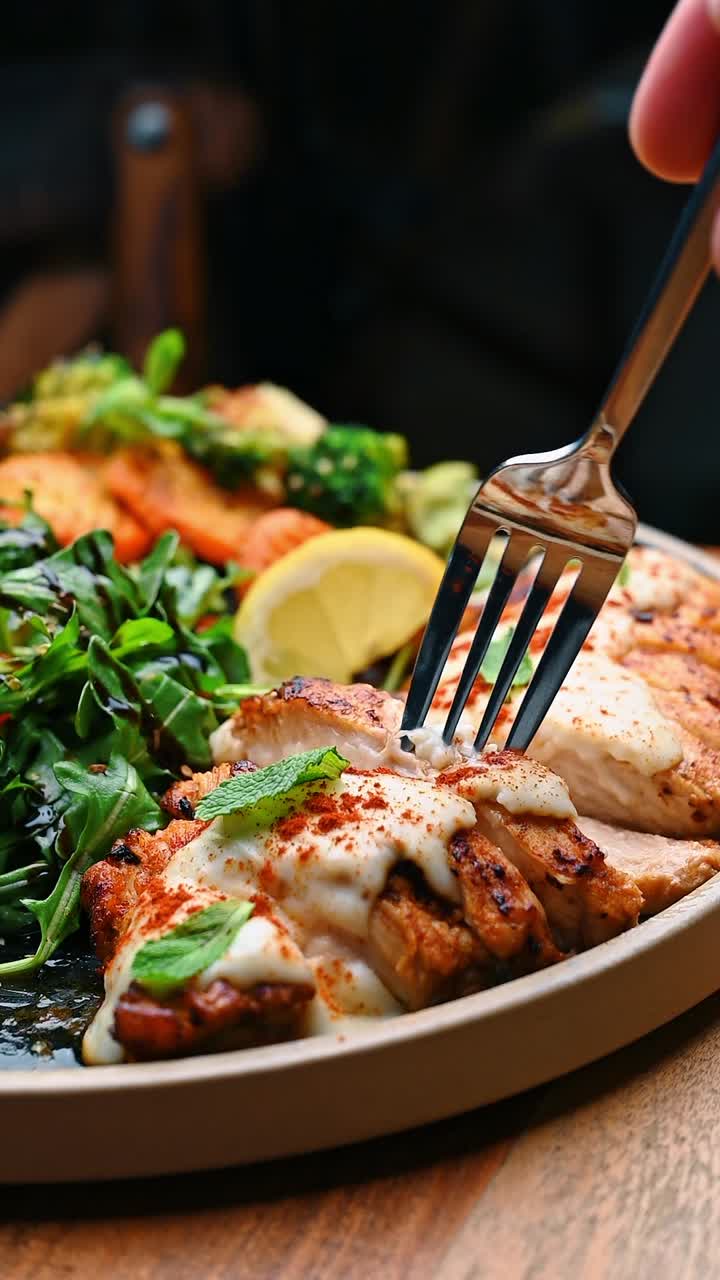 Pollo grigliato a fette con salsa bianca e verdure arrosto. Primo piano di pollame affettato condito con salsa cremosa e paprika, servito con broccoli, carote e limone su un piatto