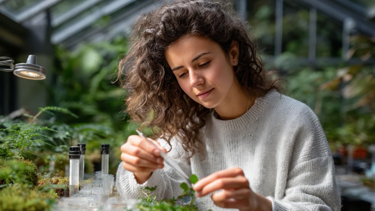 A focused individual examines a plant specimen in a serene greenhouse environment, showcasing dedication to botanical research and cultivation