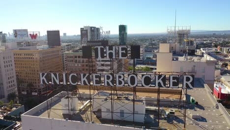 aerial of the knickerbocker hotel rooftop sign in downtown hollywood california 1