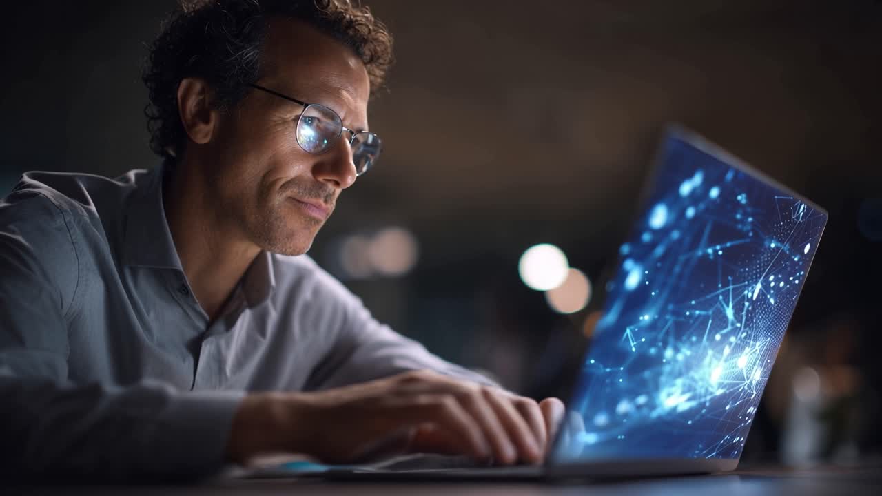 Skoncentrowany profesjonalista analizujący dane na swoim laptopie z abstrakcyjnymi grafikami, podkreślający technologię i innowacje w nowoczesnym środowisku pracy.