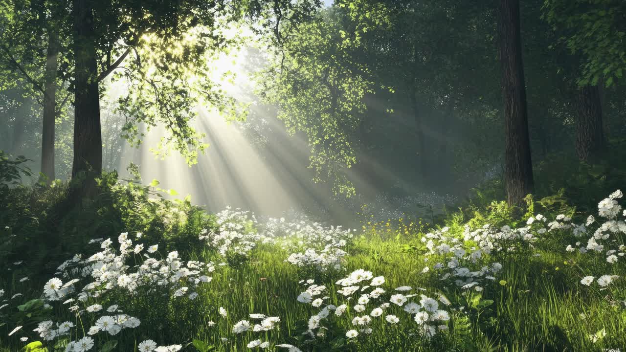 A serene forest scene with sunlight streaming through trees, captured from a low angle