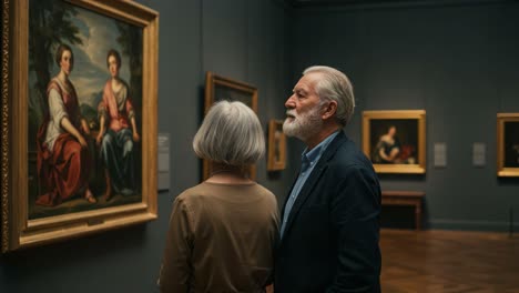 an elderly couple appreciating classic art in a museum: a cherished moment of reflection and connection through timeless masterpieces
