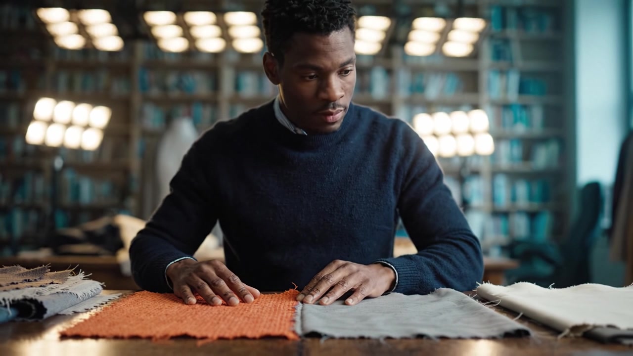A craftsman examines various fabric swatches with meticulous care, showcasing colors and textures in a well-lit workspace filled with creative possibilities.