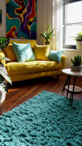 stylish living room with abstract art and plants