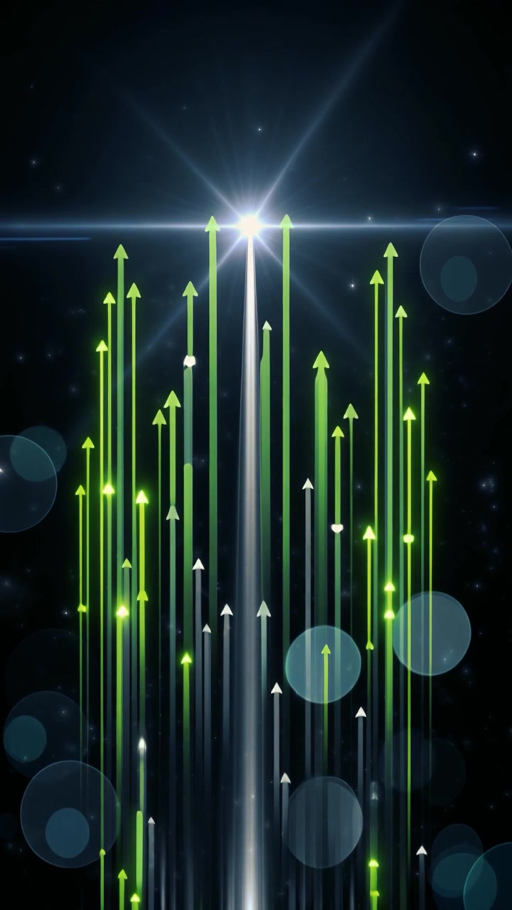 Bright Light and Green Arrows Rising in an Abstract Digital Background