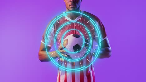 animation of african american male soccer player over scope scanning