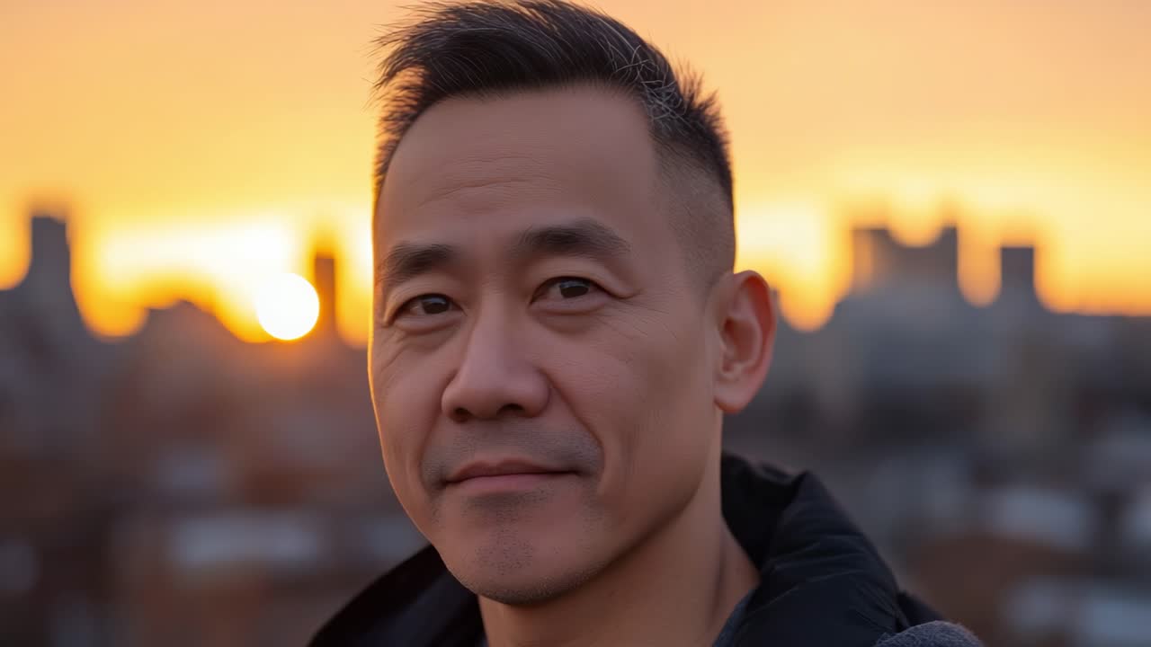 Man smiling during sunset with city skyline