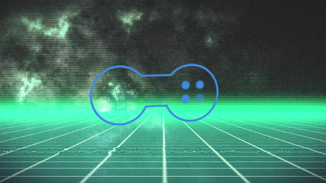 Controller per videogiochi che si muove su una griglia con una linea luminosa e nuvole gialle.