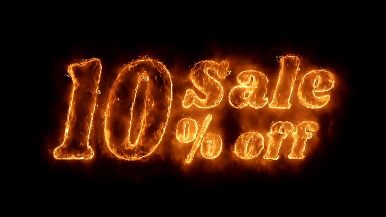 10% de descuento en la palabra animada caliente que quema el bucle de llamas de fuego realista.