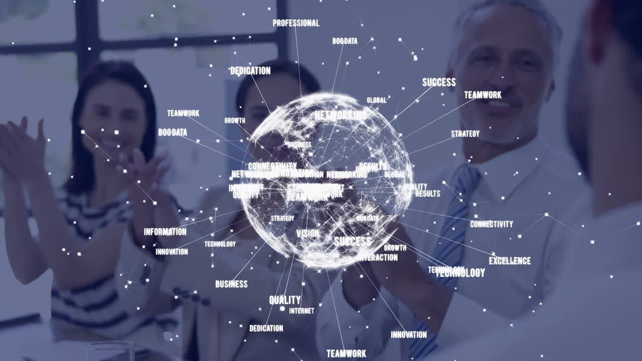 Animation of business texts and globe over diverse business people clapping hands