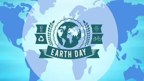 Animation-Von-Earth-Day-Text-Und-Globus-Logo-über-Blauer-Weltkarte