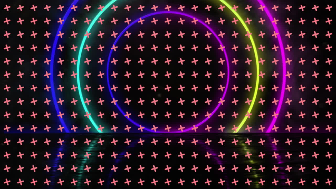 animazione di cerchi e croci al neon su sfondo nero