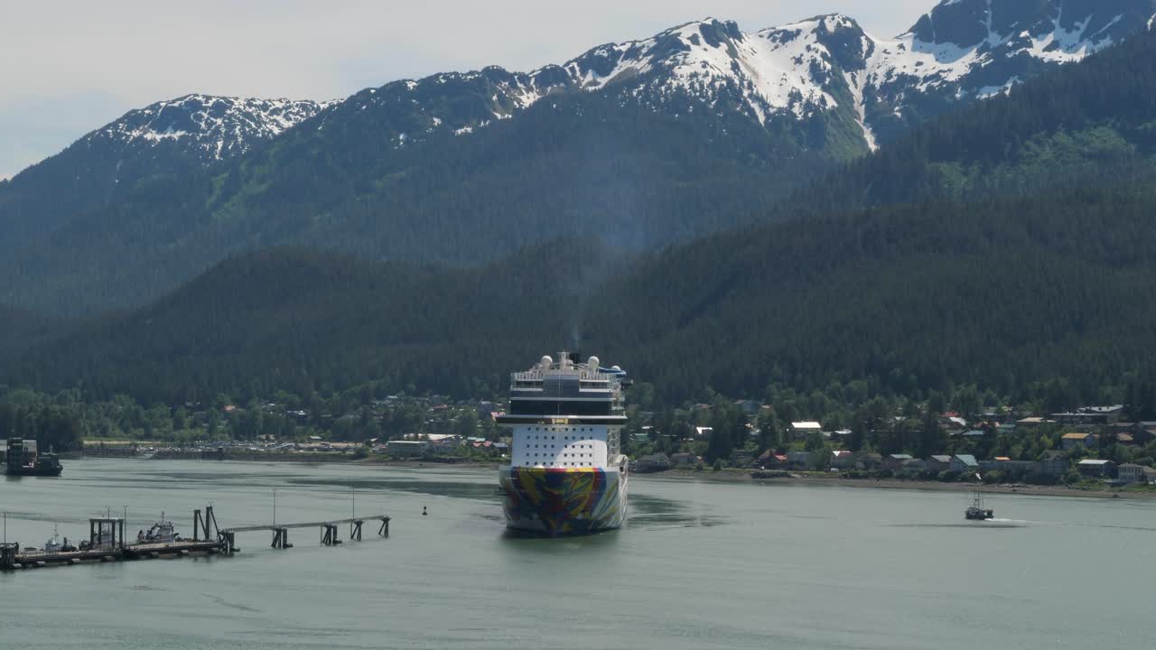 Cruise ship begins docking maneuvers in the port of Juneau, Alaska.