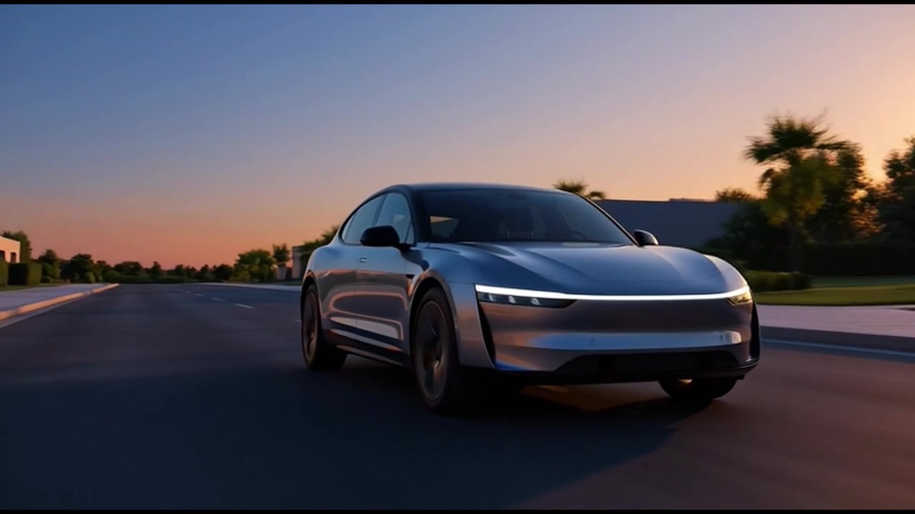 Carro elétrico moderno trafegando em rua suburbana ao pôr do sol