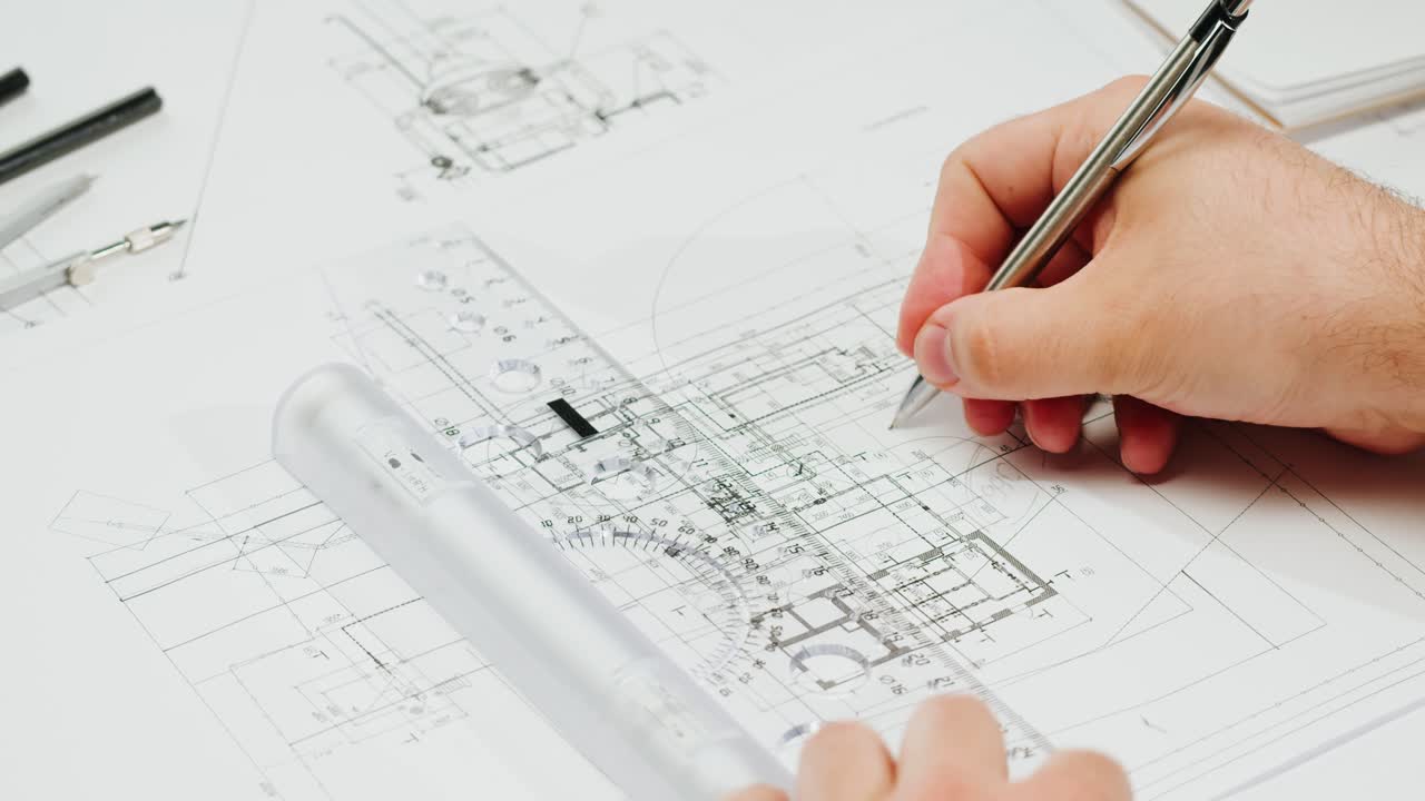 Hands working on architectural blueprints