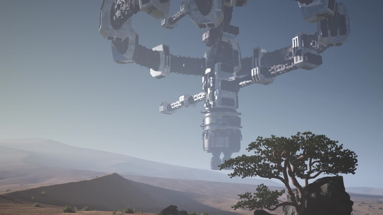 외계인 우주선이 사막 위를 회전하고 있습니다.