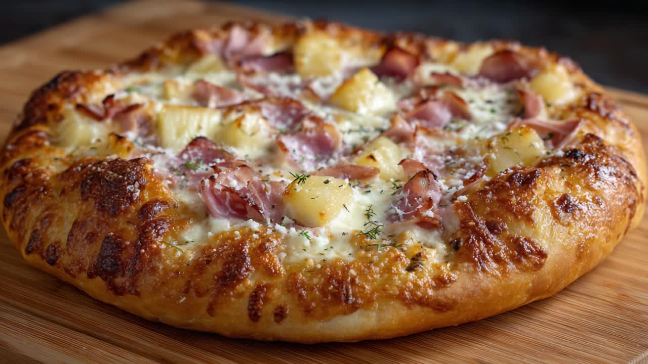 Pizza deliziosamente cotta al forno con gustosa farcitura di prosciutto e ananas su crosta dorata e croccante, formaggio perfettamente fuso, pronta per essere gustata in qualsiasi momento del pasto.