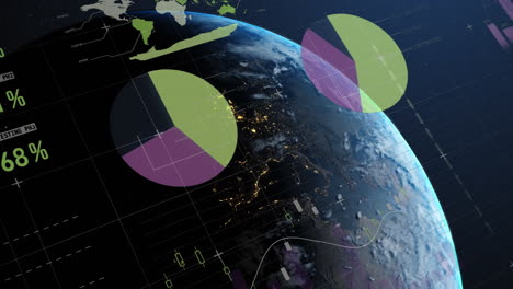 Animation-of-multicolored-infographic-interface-over-rotating-globe-against-space