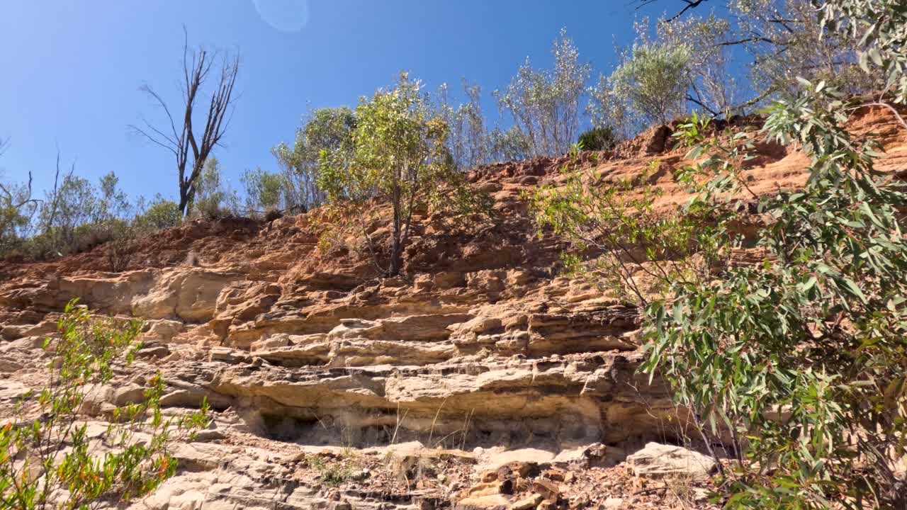 은 하늘 아래 식물이 있는 바위 절벽