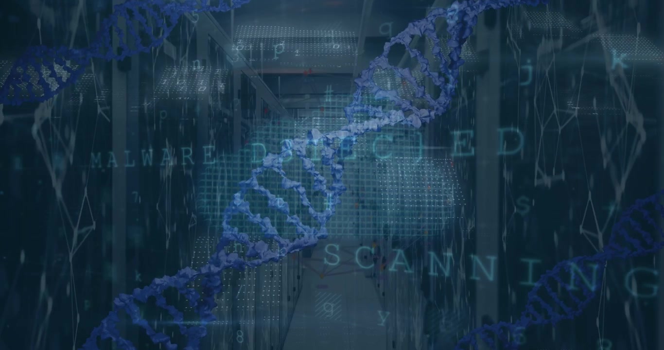 Animation of spinning dna strand over server room