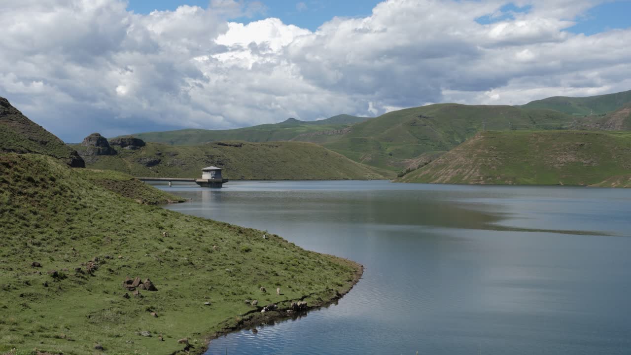 katse 저수지 취수탑 근처의 양 방목 초원 경사면