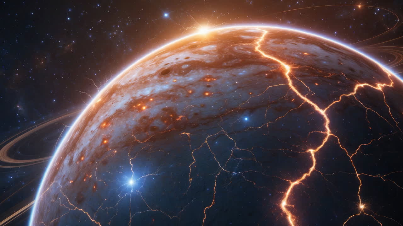 A vibrant, glowing exoplanet with energy cracks in space