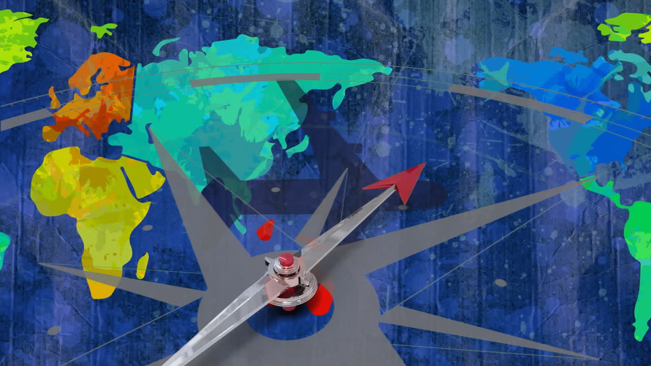 세계 지도를 가로지르는 나침반의 애니메이션