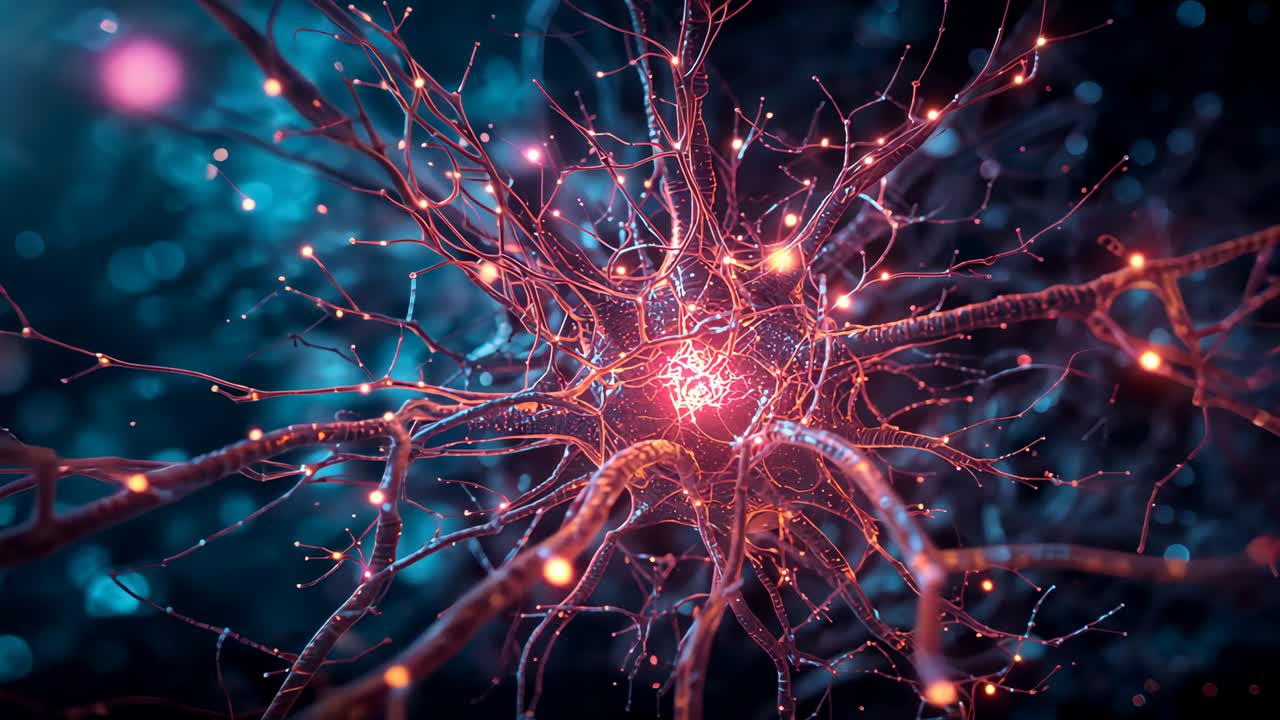 Distant view, camera zooming toward glowing neuron in fluid, revealing dendrites, filaments, nodes