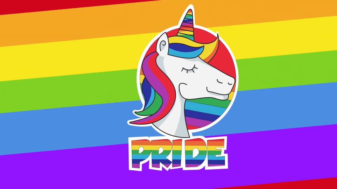 animación del texto del orgullo y el unicornio sobre el fondo del arco iris.