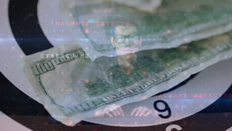 animación del procesamiento de datos en movimiento sobre el hombre utilizando computadora y billete de banco