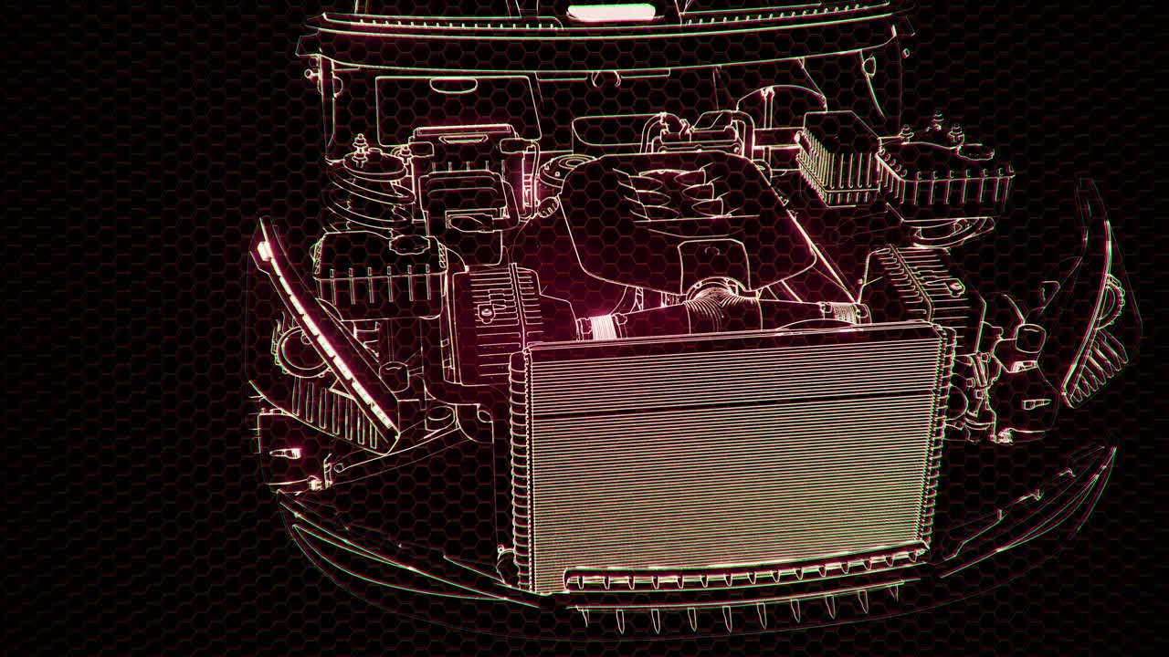 엔진이 있는 3d 와이어프레임 자동차 모델의 홀로그래픽 애니메이션