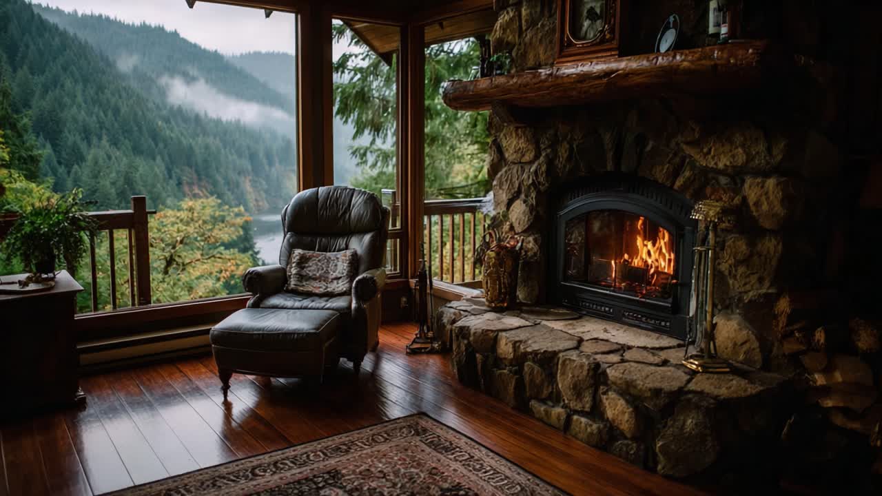 A Cozy Retreat: A Warm Fireplace and Scenic Mountain View Create the Perfect Atmosphere for Relaxation and Comfort in a Rustic Living Space