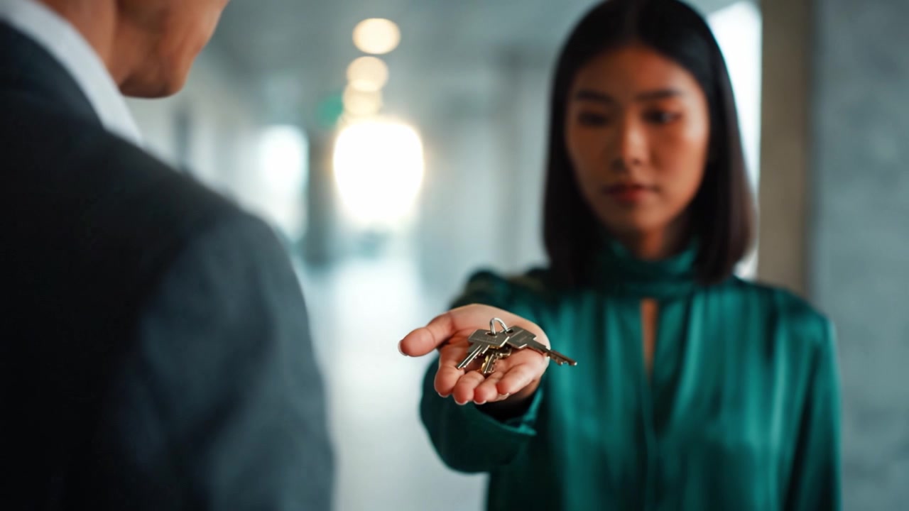 Un momento di tensione e transizione: una donna in camicetta verde consegna le chiavi a una persona in abito in uno spazio moderno ed elegantemente progettato.