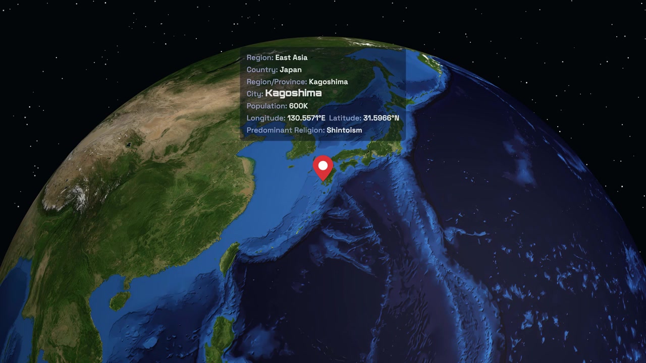 A rotating digital globe zooms into Kagoshima Japan with a red pin and data overlay
