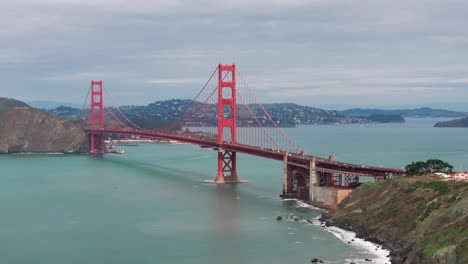 panning to the right dramatic drone aerial view of the golden gate bridge