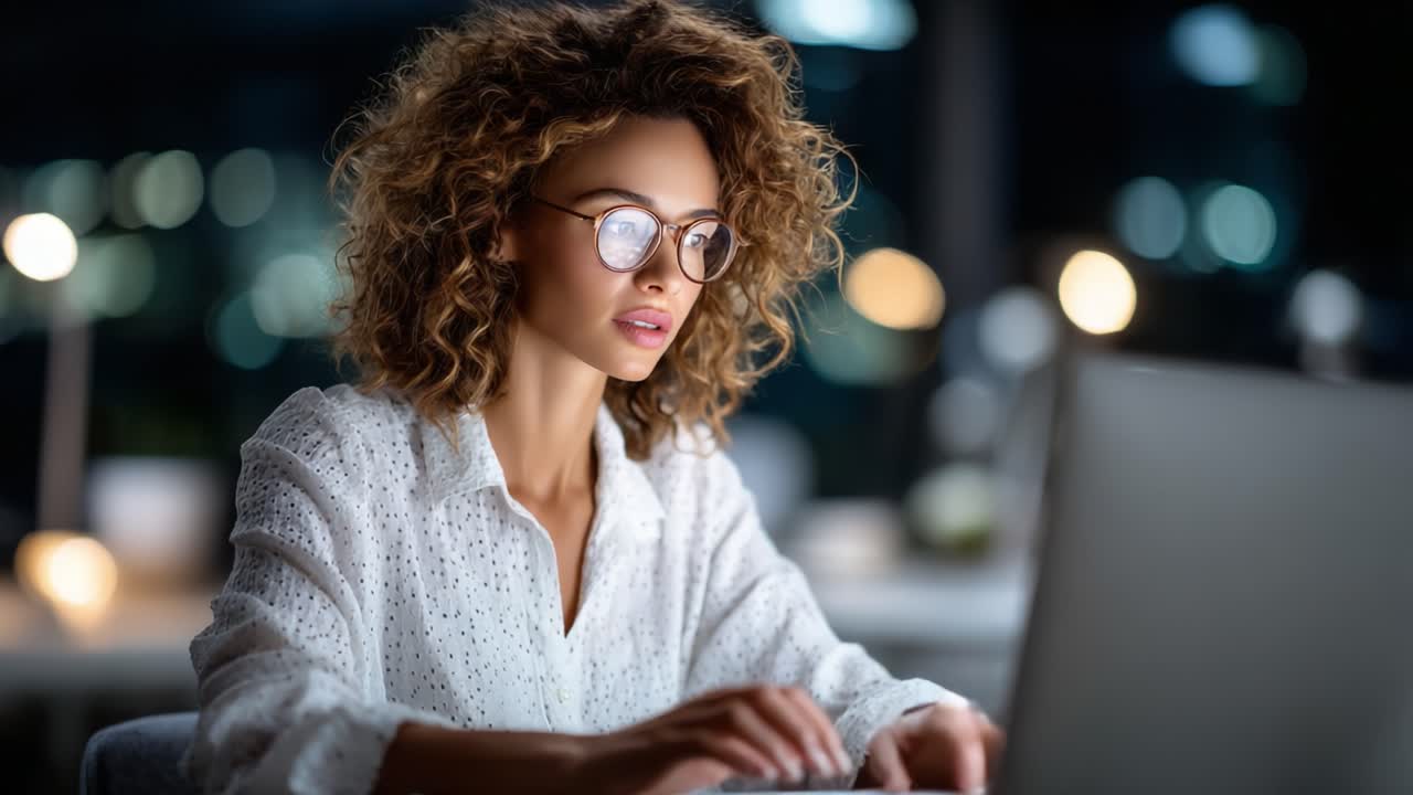 Focused Woman Working Late at Night on a Laptop in a Modern Workspace, Illuminated by Soft Ambient Light Creating a Productive Atmosphere