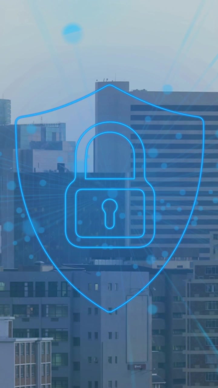 Animazione di rete di connessioni con icona di lucchetto su paesaggio urbano.