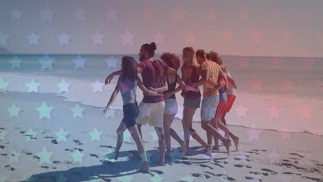 múltiples estrellas parpadeantes contra un grupo de amigos caminando juntos en la playa