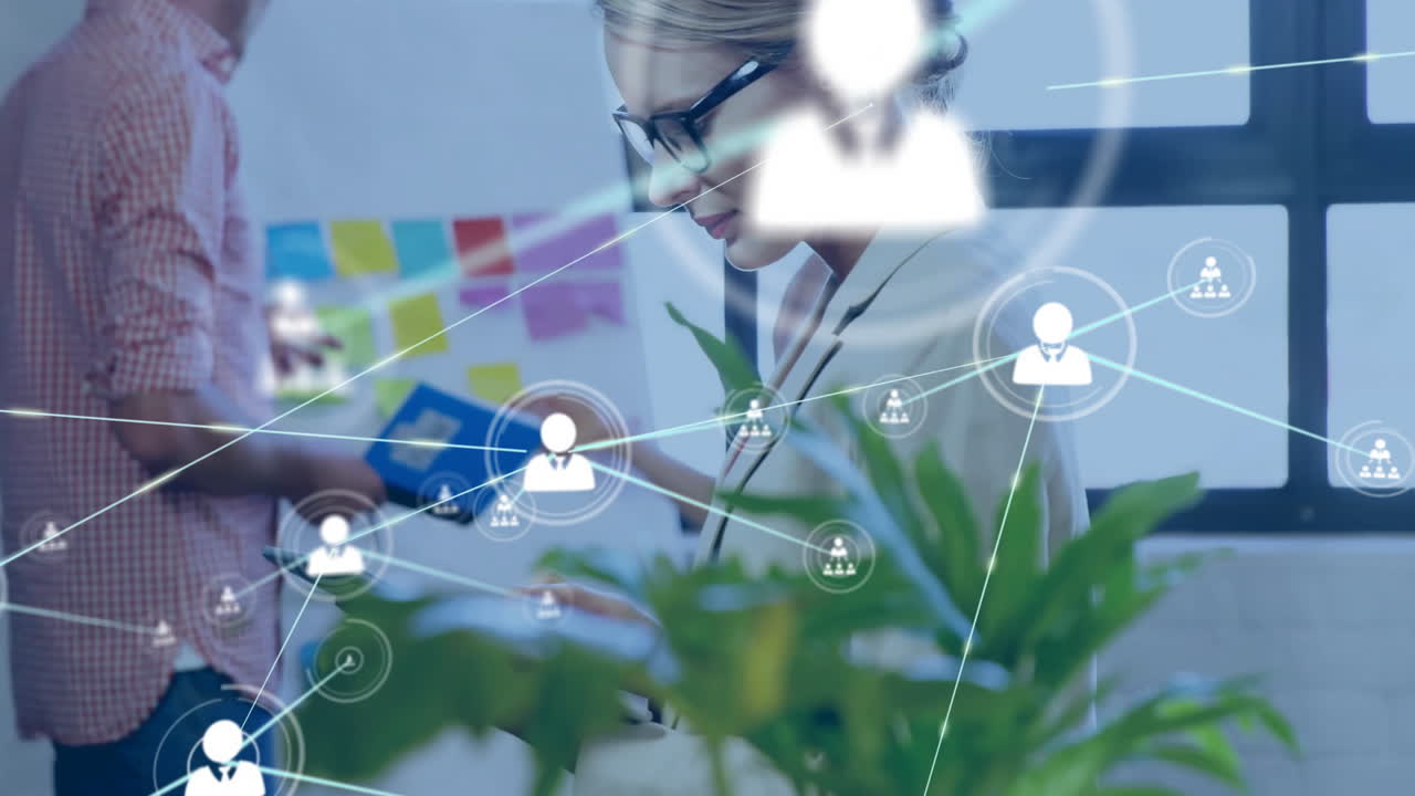 red de conexiones de animación sobre personas de negocios que trabajan en la oficina con plantas